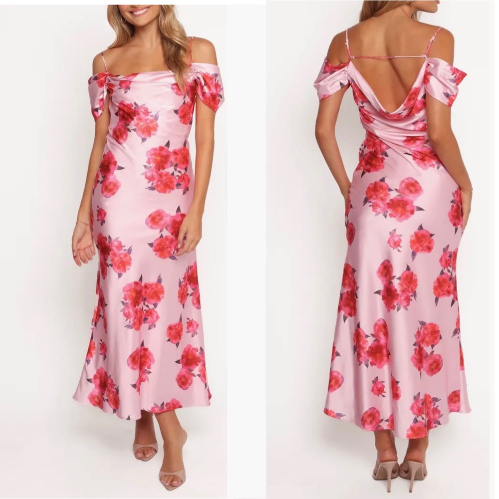 Petal + Pup Esther Pink Floral Satin Midi Dress Off Shoulder Romantic Feminine